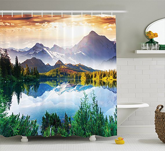 Ambesonne Scenic Decor Collection, Mountain Lake View Sunny Day Nature Picture Art Paintings Effect Print, Polyester Fabric Bathroom Shower Curtain Set with Hooks, Green/Blue/Brown