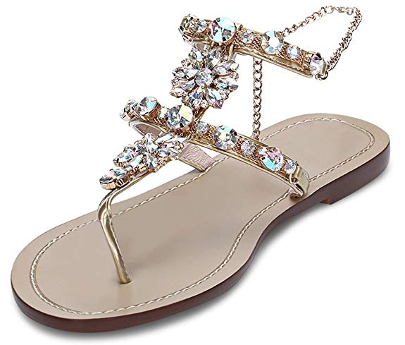 Women's Wedding Sandals Crystal with Rhinestone Beaded Bohemian Dress Flip-Flop Gladiator Shoes