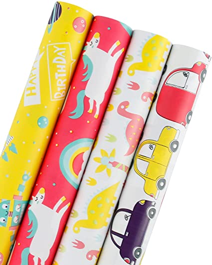 WRAPAHOLIC Gift Wrapping Paper Roll - Dinosaurs/Robot/Cars Cute Design for Birthday, Holiday, Baby Shower Gift Wrap - 4 Rolls - 30 inch X 120 inch Per Roll