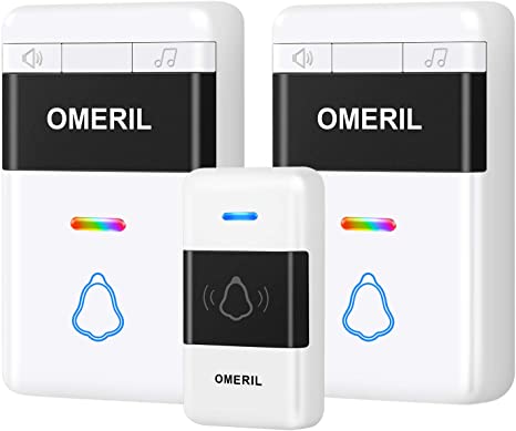Wireless Doorbell, OMERIL Waterproof Door Bell, Doorbell Chime Kit with 5 Level Volume and Multi-Colors LED Flash, Operating at 1000ft Range with 58 Tunes to Choose and 1 Push Button & 2 Receivers
