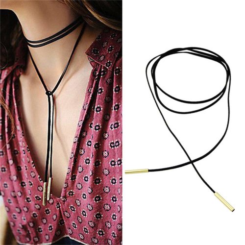 Udobuy®Punk Gothic Long Black Velvet PU Leather Chain Necklace Stretch Tattoo Choker Elastic Tassel Necklaces