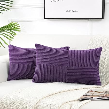 Fancy Homi 2 Packs Purple Lumbar Decorative Throw Pillow Covers 12x20 Inch for Living Room Couch Bed, Farmhouse Boho Home Decor, Soft Striped Corduroy Rectangle Accent Cushion Case 30x50 cm