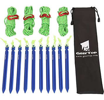 GEERTOP 10 Pack 7-in Aluminum Tent Pegs Stakes & 4mm Reflective Guy lines with Cord Adjuster & Pouch for Hiking Camping Mountaineering