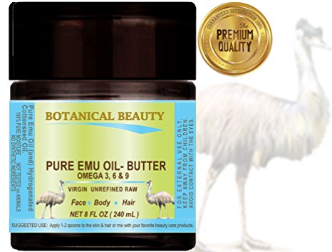 PURE EMU OIL - BUTTER. 100 % Natural - RAW - VIRGIN - UNREFINED -PREMIUM QUALITY. for FACE, BODY, HANDS, FEET, NAILS & HAIR and LIP CARE. (8 Fl. oz. - 240 ml.)