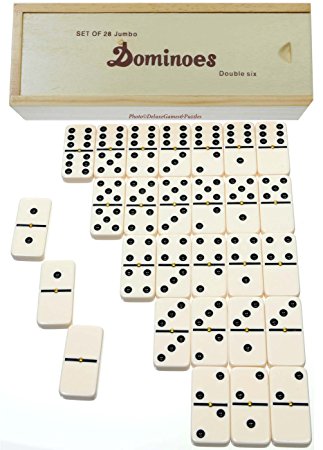 Dominoes Jumbo Tournament Off-White color with Black Pips _ Double Six Set of 28 _With Brass Spinners