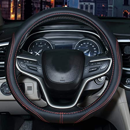 SHIAWASENA Auto Car Steering Wheel Cover, Universal 15 Inch Fit, Microfiber Leather, Non-Slip, Breathable (Black)