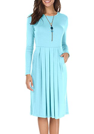 levaca Women's 3/4 Sleeve Pleated Loose Swing Casual Midi Dress With Pockets