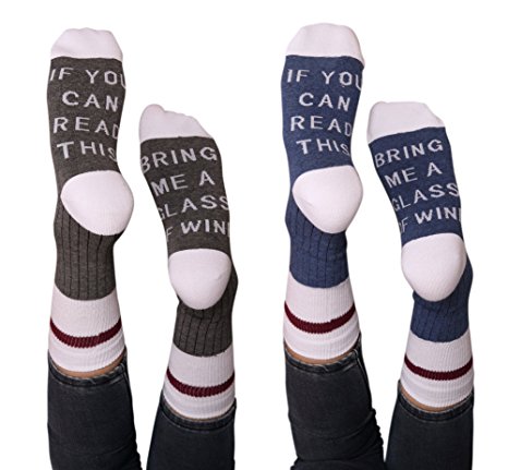 MIUBEAR 2 Pair IF YOU CAN READ THIS BRING ME SOME WINE Funny Saying Knitting Word Cotton Crew Socks for women Men - Gift Idea