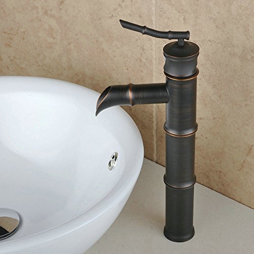 Hiendure One Single Handle Deck Mount Centerset Bath Mixer Taps Bathroom Sink Faucet Oil Rubbed Lavatory Bamboo Basin Faucets Bronze Plumbing Fixtures Single Hole Tall Spout Faucets