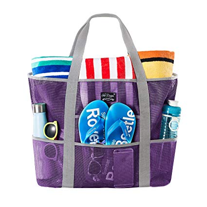 SoHo Collection, Mesh Beach Bag – Toy Tote Bag – Large Lightweight Market, Grocery & Picnic Tote with Oversized Pockets (Lavender and Gray)