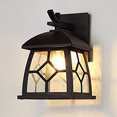 Outdoor Wall Lantern, Exterior Lighting Fixture Wall Mount, Porch Lights in Matte Black Finish with Seeded Glass, Waterproof 1-Light Modern Outdoor Wall Light for Garage, Entryway, Fence, 60W