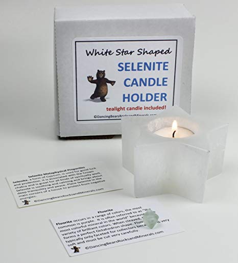 Selenite Candle Holder White Star in Gift Box with Tealight Candle included. FREE Fluorite Octahedron and Educational Cards. Reiki, Chakra, Healing, Protection, Dancing Bear Brand