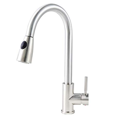 Comllen Commercial Single Handle Stainless Steel Black Button Kitchen Sink Faucet, Single Level Stainless Steel Sink Faucet with Pull Down Sprayer Without Deck Plate