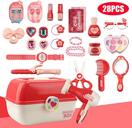 Little Girls Pretend Play Makeup Set Princess Toy Box with Jewelry Kit, Cosmetic Accessories and Illuminated Watch for Kids Children 3 4 5 Years (28PCS)