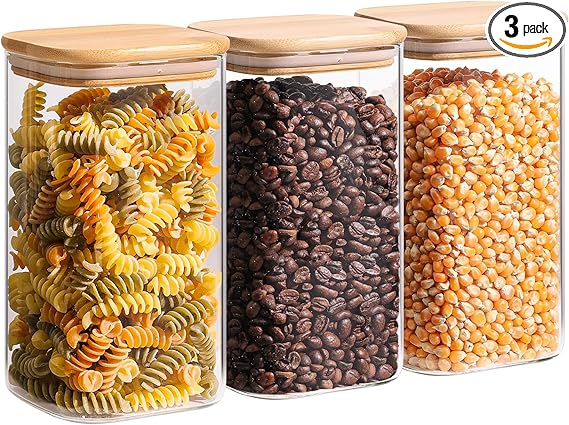 ComSaf 45oz Glass Storage Containers with Lids, Glass Jars with Bamboo Lids, Clear Food Storage Jar, Square Glass Canister Set of 3, Pantry Organizers and Storage for Flour Oat Pasta Tea Coffee Bean