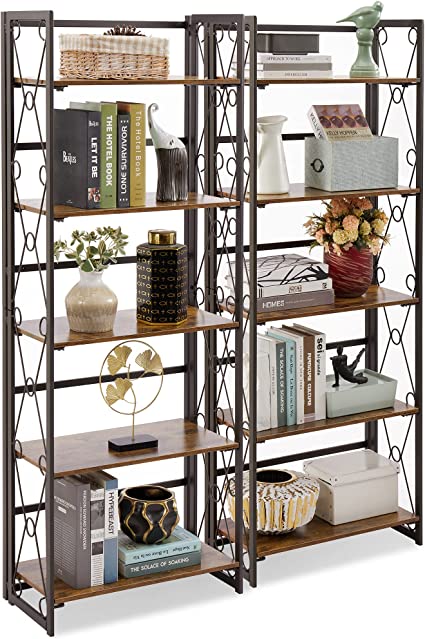 VECELO 5 Tier Bookshelf,Spacious Shelves Bookcase for Bedroom, Floor Standing Storage Organizers, 2-Step Assembly, Anti-Toppling Design, Metal Frame with Wood Like Finish, Antique Brown, Set of 2