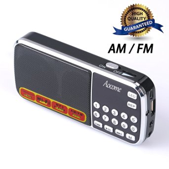 Aocome Portable Mini AM FM Radio Clear Speaker Music Player, Micro SD/TF Card Slot, USB Charging Cord, Rechargeable Li-ion battery, Earphone Jack (BM8 Black)