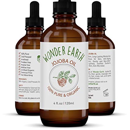 Jojoba Oil, USDA Organic Certified, 100% Pure, 4oz, Natural, Cold-pressed, Unrefined, Hexane Free, Wonder Earth Jojoba Oil for Hair, Skin, Nails, Beard