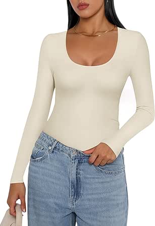 Ekouaer Women Long Sleeve Shirt Scoop Neck Tops Slim Fit Basic Top Thermal Undershirts Base Layer Tee