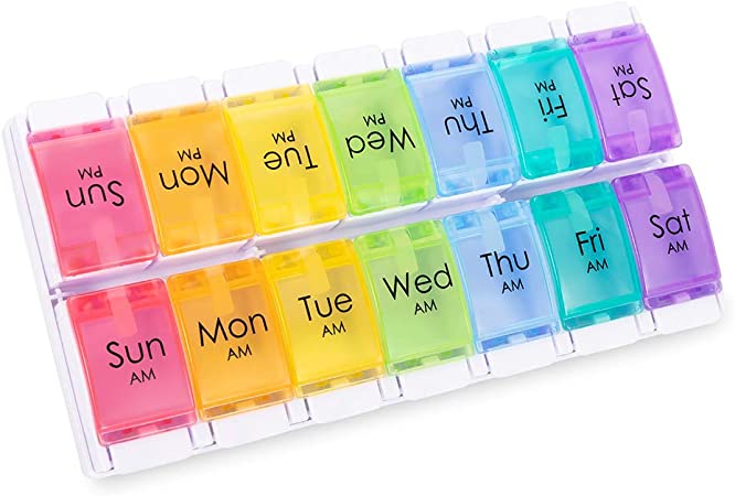 Weekly Pill Organizer 2 Times a Day Arthritis Friendly 7 Day Pill Box, AM PM Pill Box with Easy Open Push Button, Twice a Day Pill Case, Medication Organizer for Vitamins, Fish Oils
