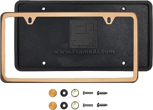 Silicone Back Guard Two Holes Slim License Plate Holder Rose Gold Chrome Polish Mirror License Plate Frame T304 Stainless Steel   Metal Screw Caps
