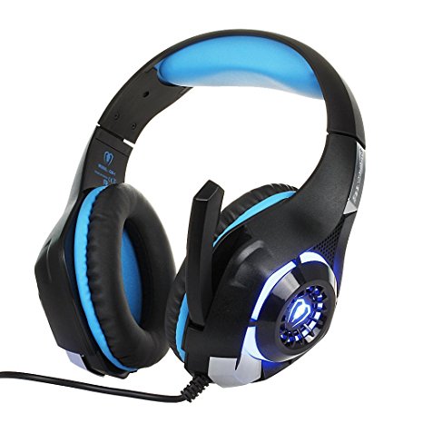 Gaming Headset with LED Light GM-1 Headband Earphone for Playstation 4 PSP Xbox one Tablet iPhone Ipad Samsung Smartphone PC with Adapter Cable (Black Blue) (blue)
