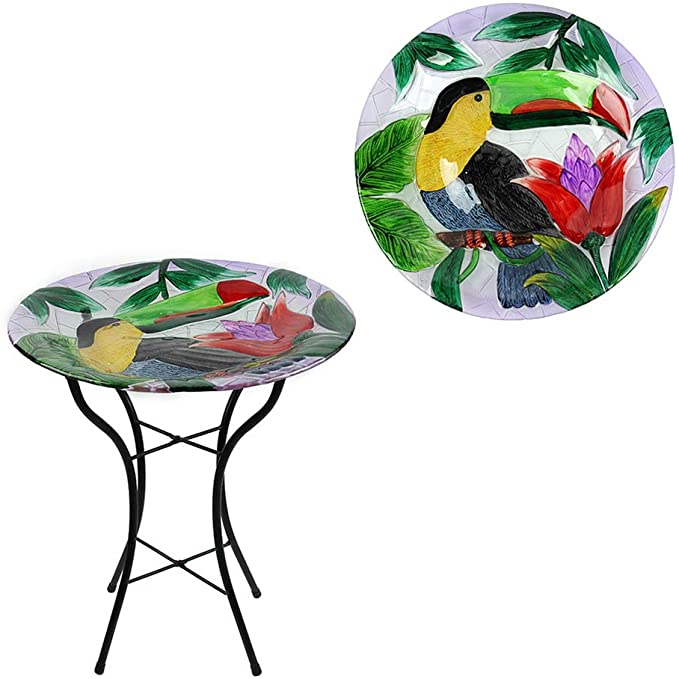 Liffy Outdoor Glass Bird Bath Toucan Bowl with Metal Stand for Lawn, Garden or Yard - 23.6 Inches Height