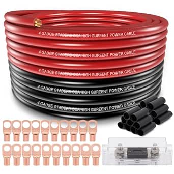 4 Gauge Wire (25ft Each- Black/Red) Copper Clad Aluminum CCA,100A Fuse Holder,10pcs Lugs Terminal Connectors and 3:1 Heat Shrink Tube for Power/Auto,Amplifier,Ground Cable…