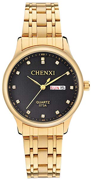 Fanmis Men's Luxury Quartz Black Dial Gold Watches Stainless Steel Band Classic Day Date Window 3ATM Waterproof Dress Wrist Watch