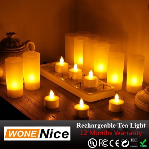 WoneNice SET OF 12 Rechargeable Tea Light Tealight Candles (No batteries necessary!)