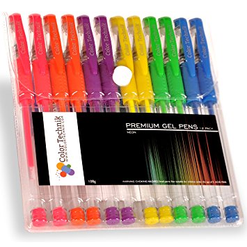 Neon Gel Pens from Color Technik, Set of 12 Professional Artist Quality Pens. Best Gel Pen Colors with Comfort Grip. Enhance Your Adult Coloring Book Experience Now! Perfect Gift Ideas!