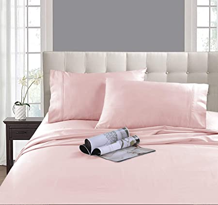 MARQUESS 4 Piece Bamboo Microfiber Bedding Set for Summer, Elegant Breathable Pink Sheet Set, Soft Cooling Sheets, 16’’Deep Pocket Collection for Room, Wrinkle Fade Resistant(Pink Full)
