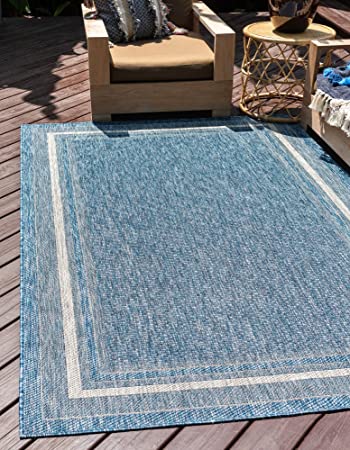 Unique Loom Outdoor Border Collection Transitional Indoor & Outdoor Casual Solid Tonal Border Area Rug (10' 0 x 14' 0 Rectangular, Blue/ Beige)