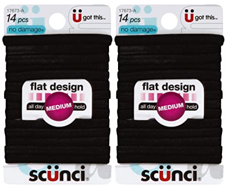 Scunci No-Damage Comfortable Black Hair Ties, Flat Design All-Day Hold, 14-Pieces per Pack (2-Packs)