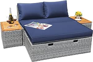 Greesum Patio Furniture Set Multifunctional Outdoor Sectional Sofa Rattan Chaise Lounge Wicker Daybed with Couch, Cushions, Storage Ottoman and 2 Side Tables for Backyard Porch Poolside Lawn,Blue