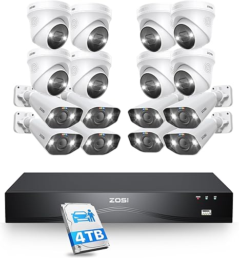 ZOSI 4K PoE Security Camera System,16 Port 24CH 8MP Dual Disk NVR with 4TB HDD,Face/Person/Vehicle Detection,Night Vision,2 Way Audio,16pcs 4K Outdoor Bullet Dome Cameras,for Business 24/7 Recording