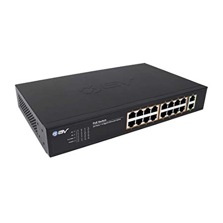 BV-Tech 18 Port PoE  Switch (16 PoE  Ports | 2 Gigabit Ethernet uplink) - 19" Rackmount - 135W - 802.3af/at – Black