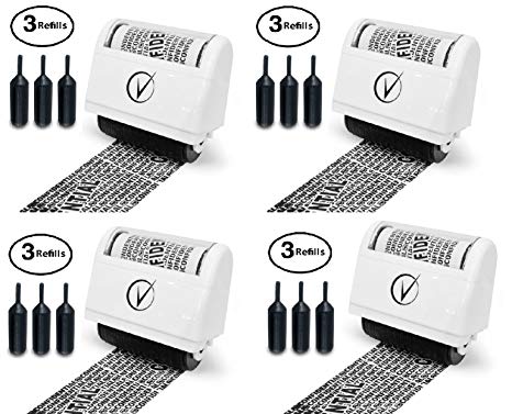 Vantamo Identity Theft Protection Roller Stamp Wide Kit, 4 Complete Sets, All Including 3-Pack Refills - Secure Confidential ID Blackout Security Design, Anti Theft and Privacy Safety - Classy White
