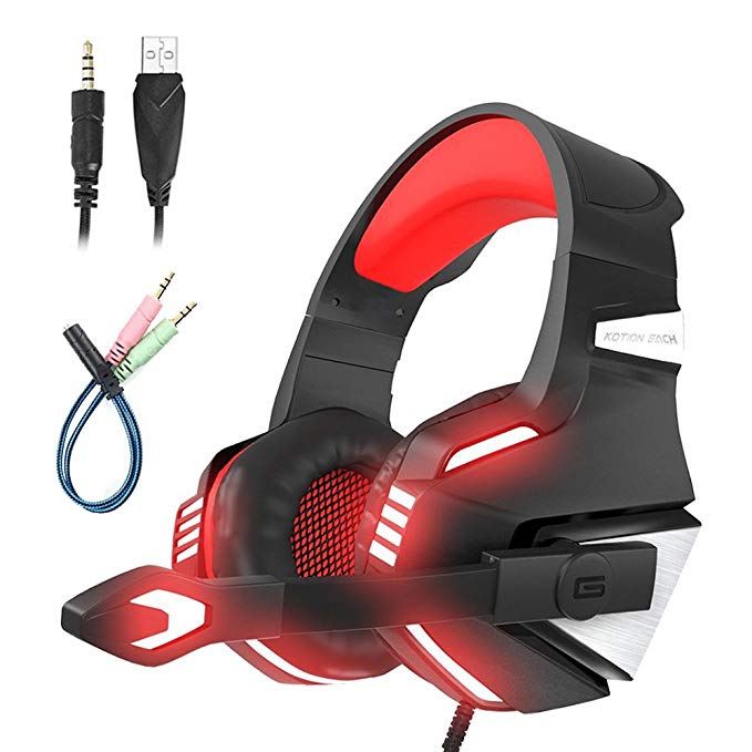 Mengshen Over Ear Gaming Headset with Microphone, Noise Isolation, Volume Control, LED Light - Compatible with PS4 Laptop PC Mac Computer Smartphones - G7500 Red