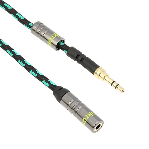 iKross 6 Feet Braided Sleeve jacket 3.5mm Male To 3.5mm Female Extension Stereo Audio AUX Cable - Black / Green for iPhone, iPod, Smartphone, Tablets and MP3 Players