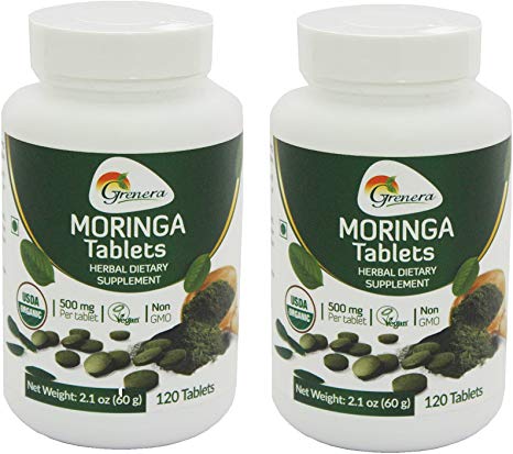 Grenera Organic Moringa Tablets 500 Mg - 120 Tablets Per Bottle - Pack Of 2
