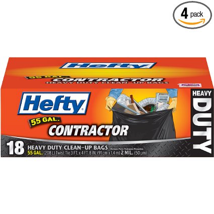 Hefty Contractor Heavy Duty Twist Tie Clean-Up Bags (55 Gallon, 18 Count, Pack of 4)