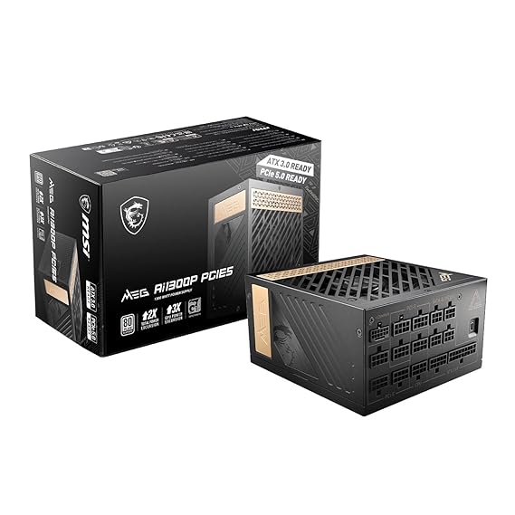 MSI MEG Ai1300P PCIE5 Power Supply Unit, UK Plug - 1300W, 80 Plus Platinum, Fully Modular ATX 3.0, PCIe 5.0 GPU Support, Japanese Capacitors, Gaming Intelligence, Sleeved Cables - 10 Year Warranty