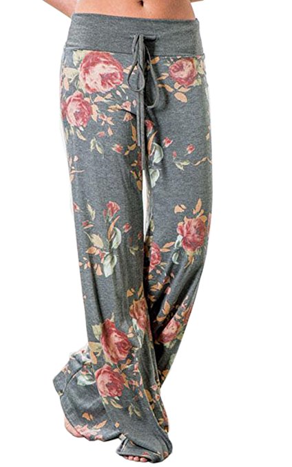 Angashion Women's High Waist Casual Floral Print Drawstring Wide Leg Pants