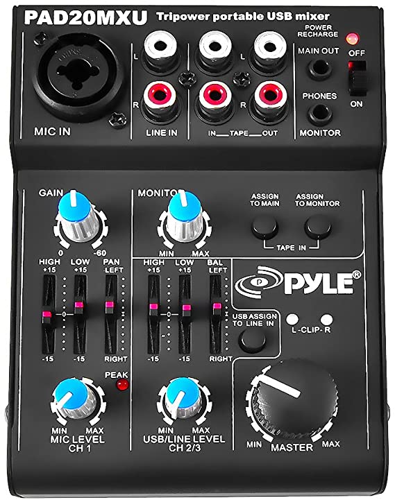 5 Channel Audio Mixer - DJ Sound Controller Interface with USB Soundcard for PC Recording, XLR 3.5mm Microphone Jack, 18V Power, RCA Input and Output for Professional and Beginners - Pyle PAD20MXU