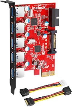 Inateck KT5001 PCI-E to USB 3.0 5-Port PCI Express Card and 15-Pin Power Connector, Red