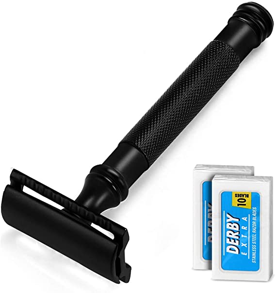 Utopia Care Double Edge Safety Razor with 20 Derby Blades - Long Handled Matt Finish 4 inch - Rust Free and Unbreakable (Black)