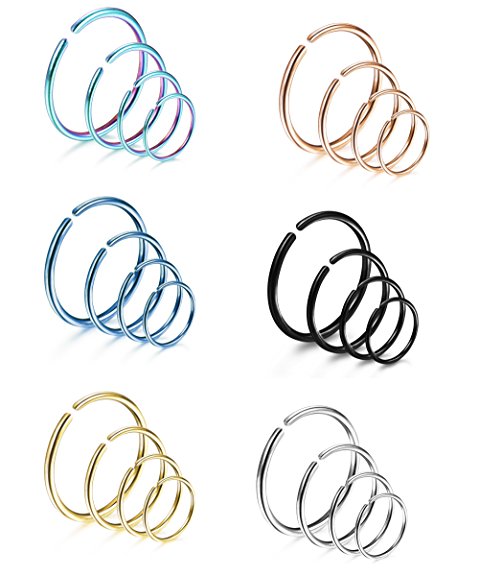 LOYALLOOK 18Pcs 20G 316L Stainless Steel Nose Ring Hoop Cartilage Hoop Septum Piercing 6-12mm