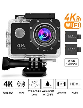 DEFWAY Action Camera 4K Waterproof Cam - Full HD 170 Degree Wide Angle Lens WiFi Sport Camera with 2 PCS 1050mAh Batteries and 18 Accessories Kits