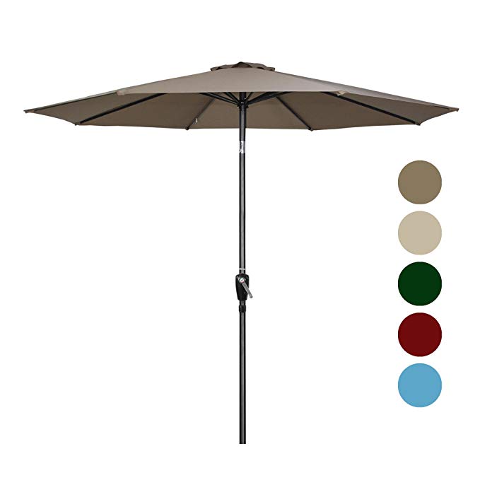 Tourke 9 Ft Patio Umbrella Outdoor Table Umbrella with Crank, 8Rids, Push Button Tilt (Taupe)